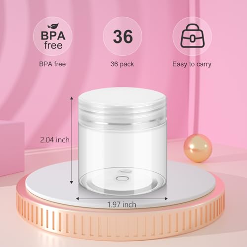 Loretoy 36 Pack 2 OZ Plastic Jars with Lids, BPA Free, Reusable, Refillable Transparent Cosmetic Containers for Bath Salts, Cosmetics, Powders, Beauty Product and Small Accessories - White - color: White, size: 2 Ounce
