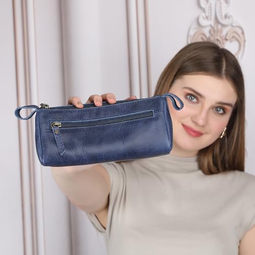 Leather Makeup Bag for Women – Genuine Leather Cosmetic Bag Travel, Handmade Zippered Makeup Pouch, Small Toiletry Bag, Shaving Kit & Stationery Organizer- Blue - color: Blue
