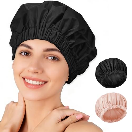 Reusable Shower Cap for Women – Large Waterproof Satin Shower Bonnet for Long, Curly & Braided Hair, Washable Bath Hair Cover, Black + Pink - color: Black + Pink