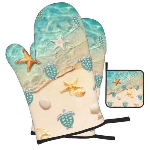 Sea Turtles Beach Oven Mitts and Pot Holders Sets of 3 Nautical Kitchen Decor Heat Resistant Hot Pads Teal Nautical Decorative Oven Gloves for Cooking Grilling Baking - color: Sea Turtles