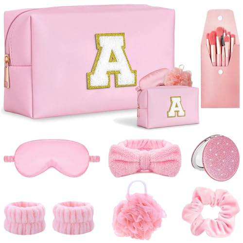 Makeup Gift Set – Initial Cosmetic Bag, Pink Spa Accessories, Satin Eye Mask & Headband; Spa Party Supplies for Girls, Sleepover Party Supplies Gifts for Teen Girls Bridesmaid - style: A