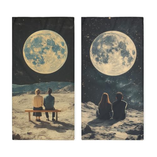 Moon Hand Towels, Vintage Magazine Couple Space Observing Earth Decorative Bath Towel Soft Absorbent Towel for Kitchen Guest Room Bathroom Gym Decor - color: Moon