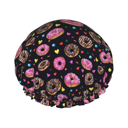 Doughnut Donuts Shower Cap For Women Reusable Waterproof Double Layers Bath Cap Hair Protection Elastic Ladies Spa Salon Shower Hat - color: Doughnut Donuts