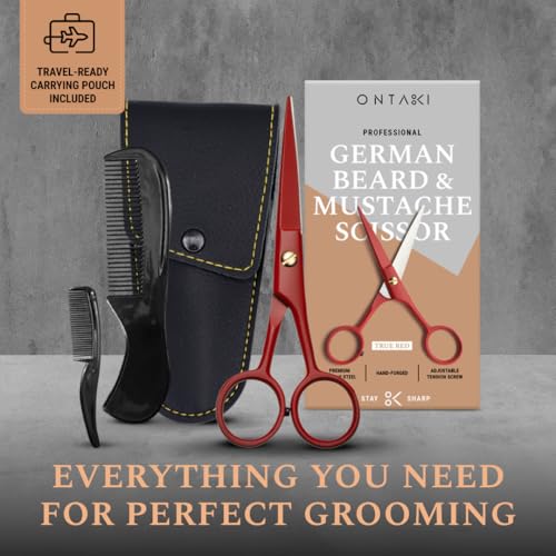 Ontaki Beard & Mustache Scissors for Men - 5inch, True Red - 410C German Steel Durable, Ergonomic Design Travel Friendly Facial Hair Scissors - Beard Grooming Kit 2 Combs & Case Perfect for Styling - color: True Red