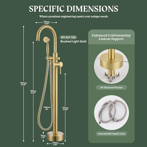 Free Standing Tub Faucet, Wintap Classic Freestanding Bathtub Faucet with Sprayer Brass Elegant Floor Mount Bath Faucets High Flow Roman Tub Filler, Brushed Gold （WT-3311BG） - color: Brushed Gold