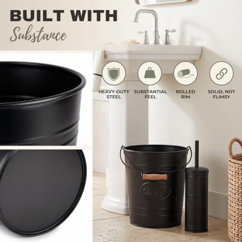 Autumn Alley Farmhouse Bathroom Trash Can and Toilet Brush Set - Rustic Bathroom Accessories for Charming Bathroom Décor, Matte Black Heavy Gauge Metal - color: Matte Black