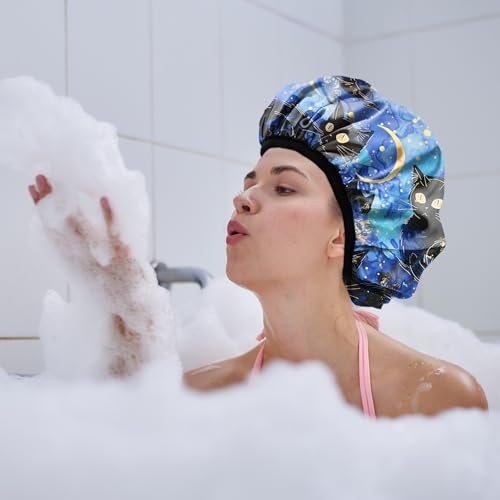 Luxury Shower Cap Terry Lined Reusable Triple Layer Waterproof Hair Elastic Caps Shower Bath Hat for Women Girls Cute Aesthetic-Black Cat - color: AL7-Black Cat