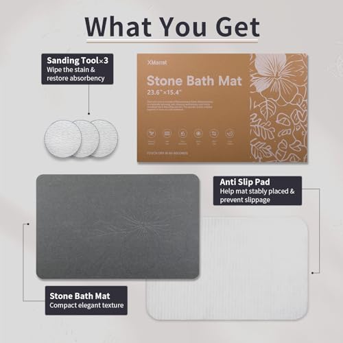 XMarrat Stone Bath Mat Large, 23.6'' x 15.4'' Diatomaceous Earth Non-Slip Stone Shower Mat, Super Absorbent Diatomite Stone Mats for Bathroom, Quick Drying, Easy to Clean (Dark Gray) - color: Dark Grey F1, size: 23.6" x 15.4" (Rectangular)