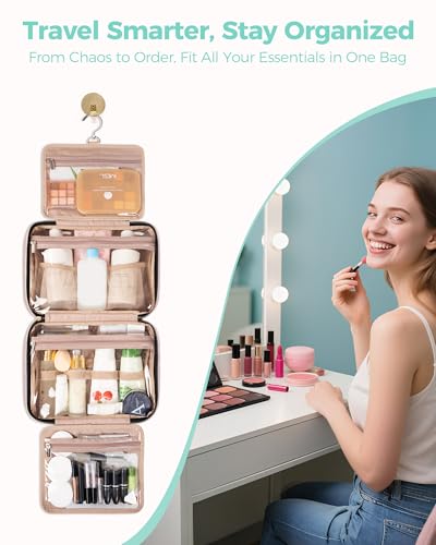 BALULHG Travel Hanging Toiletry Bag for Women, Water-Resistant Cosmetic Organizer with 4 Compartments & 360° Swivel Hook, TSA-Approved Makeup Bag for Shampoo, Full Sized Container, Toiletries (Pink) - color: Pink, size: Large