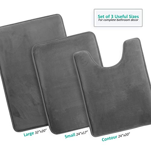 Clara Clark 3 Piece Bathroom Rugs Bath Mat Set, Velvet Memory Foam Bath Mats for Bathroom - Non-Slip, PVC Backing Bath Rugs, Washable - Dries Quickly, Grey - color: Dark Grey, style: 17 x 24 + 20 x 32 + Contour
