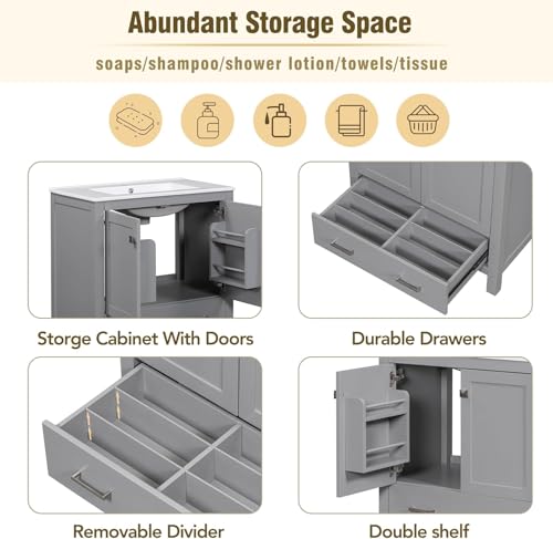 Linique 30" Bathroom Vanity with Sink Combo Set, Solid Wood Frame Bathroom Storage Cabinet with 2 Soft Closing Doors and a Drawer, Multifunctional Storage, Grey - color: Grey