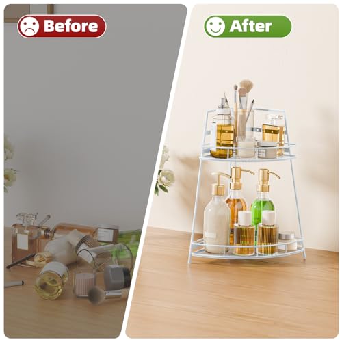 VITVITI 2 Tier Corner Bathroom Counter Organizer, Metal Bathroom Countertop Organizer Shelf Storage, Bath Room Sink Makeup Organizers for Vanity Perfume Skincare with Hooks, White - color: White