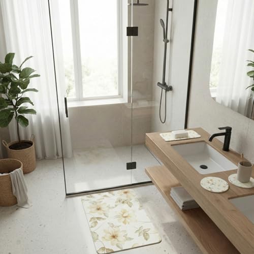 4 Pcs Diatomaceous Earth Stone Bath Mat Set, Non-Slip Super Absorbent Shower Mat (24"x16") with Stone Soap Dish & 2 Coasters, for Bathroom Floor, Vanity Counter & Kitchen Counter, Beige