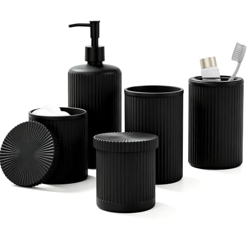 Black Glass Bathroom Accessories Set 5 Piece for Sink Countertop Organizer | Modern Bathroom Set That Organizes Sink Countertops And Keeps Soap, Toothbrushes & Daily Essentials Neat and Accessible - color: Black, size: 5 Pieces