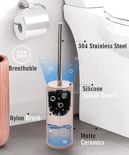Matt Pink Ceramic Toilet Brush and Holder Set, Freestanding Toilet Bowl Cleaners Brush, Scrubber Brush for Toilet, Bathroom Accessories with Stainless Handle, Deep Cleaning - color: Matt Pink, size: Set/2