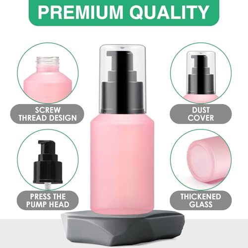 3PCS 60ML/2OZ Empty Pink Frosted Glass Bottles with Pump Refillable Vial Cosmetic Dispenser Jars Storage Travel Lotion Container Portable Sample Bottle for Toiletries,Foundation,Cream,Gel,Lotion - color: Pink, size: 2 OZ