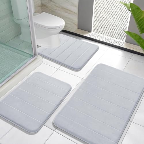 Yimobra Memory Foam Bath Mat Set 3 Pieces- Super Soft Absorbent Quick Dry Bathroom Rug Sets, Machine Washable Non Slip Floor Carpet for Tub Shower, Vanity & Toilet Base, Silver - color: Silver, size: 31.5''x20'' +17''x24'' + 24''x20''