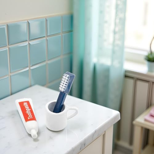 Toothpaste, Toothbrush and Cup Model, 1/12 Scale, Miniature Dollhouse Bathroom Accessories Set, DIY Decor Kit