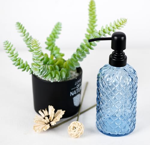 12Oz Glass Soap Dispenser with 304 Black Rustproof Stainless-Steel Pump, Refillable Glass Soap Dispenser for Kitchen, Bathroom, Farmhouse (Blue) - color: Blue