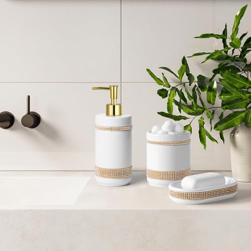 RQYIXI Bathroom Accessories Set with Diamonds 5 Pieces Toothbrush Holder Soap Dispenser Ceramic Bathroom Accessory Set Contain Cotton Swab Jar Toothbrush Cup Soap Dish Tumbler - color: White-set With Diamonds