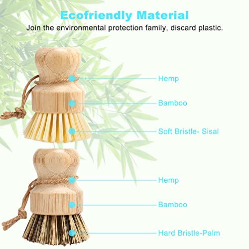 Bamboo Dish Brush Set, 4 Pcs Palm Wooden Dish Scrubber Brush, Dish Brushes, Durable Wood Dishes Scrub Brush, Natural Round Vegetable Cleaning Pots Pans Sink Washing Kitchen Brush by Aisuly - size: 2p Palm+2p Sisal