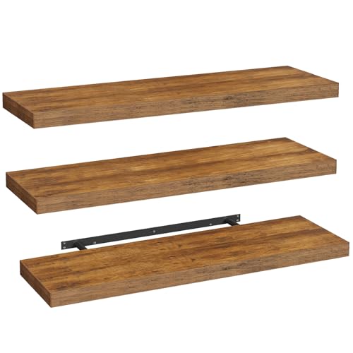 RALGEND Floating Shelves for Wall, 1.5" Thick Wall Shelf Set of 3 with Invisible Bracket, L47.2 x W7.9 Hanging Shelves Farmhouse Home Decor for Bathroom, Living Room, Bedroom, Rustic Brown 12301BJP3BF - color: Rustic Brown, size: 47.2 Inches