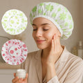 2Pcs Waterproof Shower Cap Set, Elastic Band, Reusable EVA Bathing Caps, Ideal for Long Hair & Various Hairstyles Protection,Green+Red Snowflake