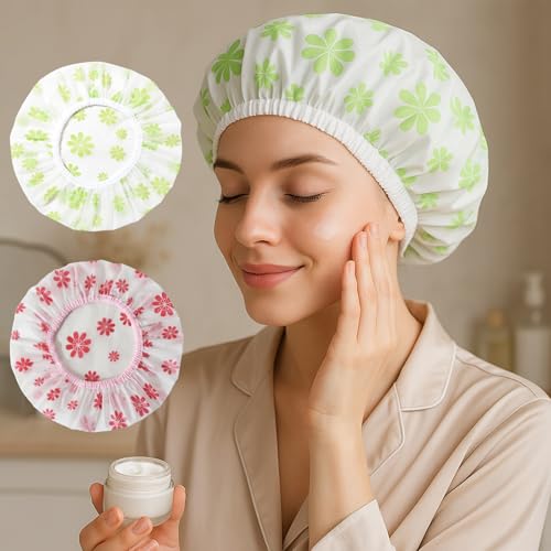 2Pcs Waterproof Shower Cap Set, Elastic Band, Reusable EVA Bathing Caps, Ideal for Long Hair & Various Hairstyles Protection,Green+Red Snowflake