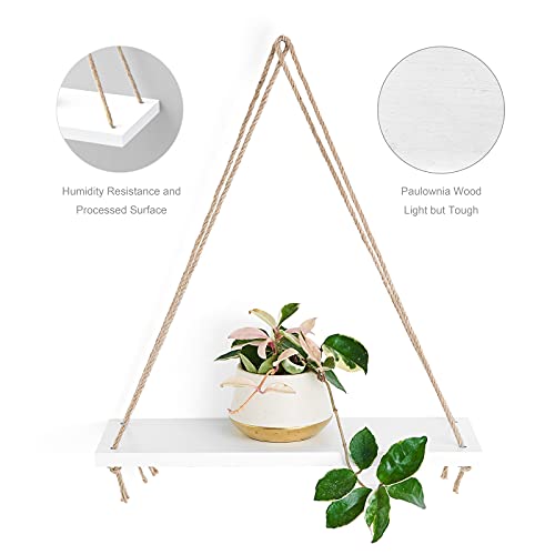 Mkono Wood Hanging Shelves for Wall Boho Decor Swing Rope Rustic Floating Shelf, Set of 3 Wall Display Shelving Home Organizer Rack for Living Room Bedroom Bathroom Kitchen,White - color: Ivory