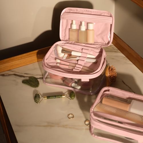Away Clear Cosmetic Case - Water-Repellent Transparent Cosmetic Bag with 2 Compartments, Brush Holder, Interior Zip Pocket - Blush Pink - color: Blush Pink