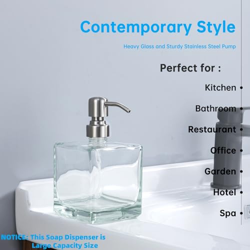 Square Bathroom Soap Dispenser Brushed Nickel, Large Capacity 16.9 oz Glass Bottles with Stainless Steel Pump Retangle Cube Liquid Soap Dispenser Kitchen - color: Brushed Nickel, size: 16.9oz-Square