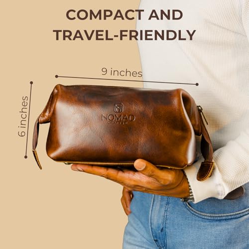 NomadCraftsCo. Premium Leather Travel Toiletry Bag for Men and Women, King-Size Dopp Kit with Waterproof Lining, Mens Toiletry Travel Bag - color: Brown