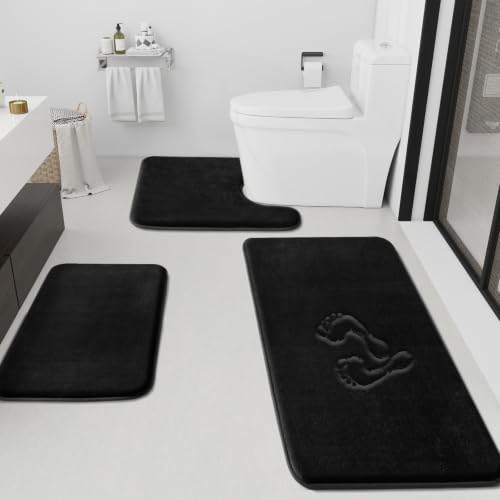 HUXMEYSON Bathroom Rugs Sets 3 Piece, Non-Slip & Quick Dry Bath Mat Set, Ultra Soft Velvet Bath Rugs for Bathroom, Toilet and Shower Floor, Black - color: Black, size: 17"x24"+20"x48"+U Shape 20"x24"