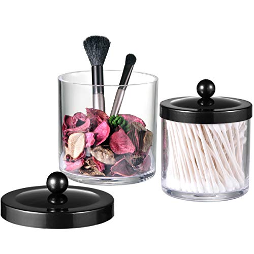 SheeChung 2-Pack Plastic Apothecary Jars with Black Metal Lids-Clear Acrylic Qtip Holder Set-Shatterproof Bathroom Vanity Organizer for Cotton Balls, Swabs, Pads-Modern Farmhouse Chic Decor - color: Black, size: 25 oz & 15 oz