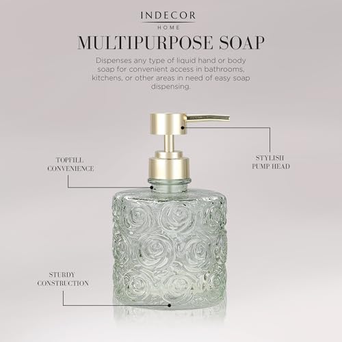 Marcella Glass Soap Dispenser with Soap Pump, Refillable 14 Ounce Capacity, Floral Design Rose Patterns, Heavy Weight Thick Glass for Bathroom, Premium Kitchen Soap Dispenser Reseda Sage - color: Reseda Sage