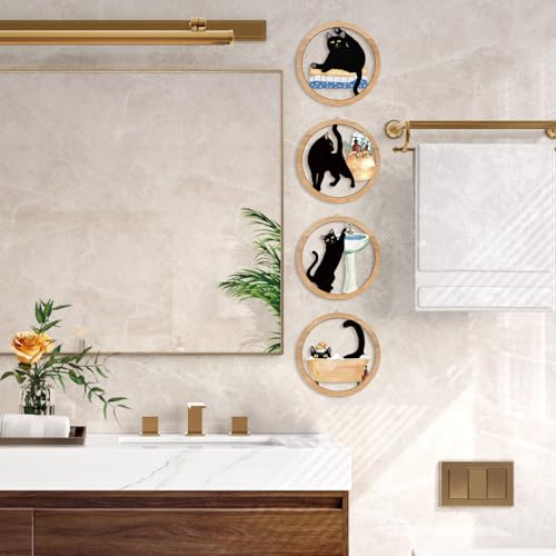 HPNIUB Funny Bathrooms Wall Decor, Black Cats In the Bath Wood Sign, 4 Pieces 10''x10'' Farmhouse Wooden Hanging Sign for Toilet Powder Room Restroom Wall Decoration, Lovely Cat Gifts - color: Funny bathroom