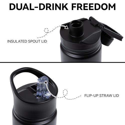 16 oz Insulated Water Bottle Bulk 4 Pack, Straw & Spout Lid, Keep Cold 24H, Spill Proof, BPA-Free, Double Wall, Stainless Steel Kids Water Bottles for School, Sports, Black - color: Black, size: 16 Ounces-4