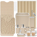 XLHOMO 26PC Bathroom Accessories Set - Gorgeous Bathroom Set, Beige Bathroom Accessory Set, Shower Curtain Set with Bathtub Mats for Shower Tub, Trash Can & Soap Dispenser - size: Bath Set+Bathtub Mat+Shower Curtain&Rugs, style: Beige&Silver