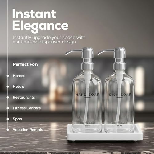 Glass Hand and Dish Soap Dispenser Set by Brighter Barns - Modern Kitchen Soap Dispensers with Stainless Steel Pump - Neutral Home Decor for Hotel, Restaurant, Vacation Rental, Airbnb (Clear/Silver) - color: Clear Silver Hd