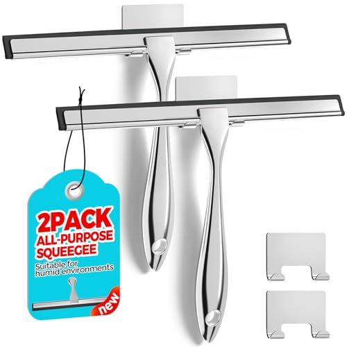 ALFLOD 2PACK Shower Squeegee for Glass Doors, Squeegee for Shower Glass，All-Purpose Tile Walls, Bathroom, Window, Glass and Car Windshield, Mirrors and Kitchen-Stainless Steel, 10 Inches, Silver - color: Silver, size: 10 Inch