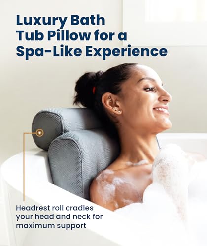 Everlasting Comfort Luxury Bath Pillow for Tub – Quick-Dry 4D Mesh – Gray | Head/Neck/Back Support, Non-Slip Suction Cups, Machine Washable, Drying Hook, Bath/Spa/Jacuzzi Essentials - color: Gray, size: Large