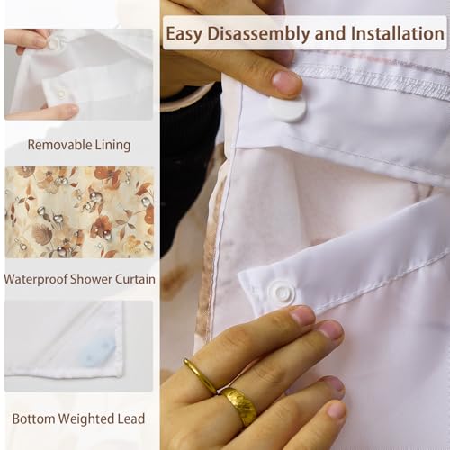 No Hook Floral Shower Curtain and Liner Set 71 x 74 Inch | Fall Watercolor Brown Flower, Waterproof Fabric Bath Tub Curtain for Modern Bathroom Decor, Breathable Mesh Top - color: Brown