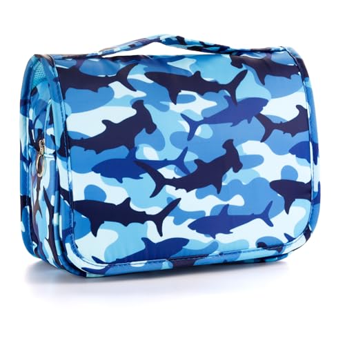 Kids Hanging Toiletry Bag for Boys, Travel Toiletry Bag for Little Young Boys Waterproof Wash Bag Toddler Traveling Toiletries, Shark Blue Camo - color: Shark-Blue