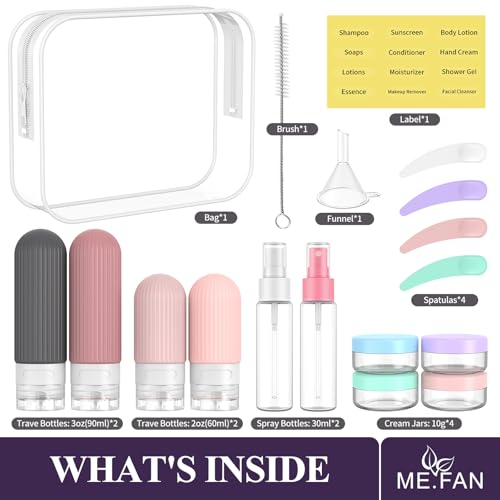 ME.FAN Travel Bottles for Toiletries,18 Pack Silicone Portable Size Bottle, TSA Approved Refillable Cosmetic Container Kits for Conditioner, Shampoo, Lotion,Face Cream - Pink - color: Pink