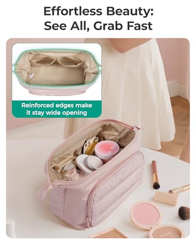 BAGSMART Travel Makeup Bag, Cosmetic Bag Small Make Up Organizer Case,Wide-open Pouch for Women Purse for Toiletries Accessories Brushes,Large Beige - color: 03-1 Layer- Brown, size: Large