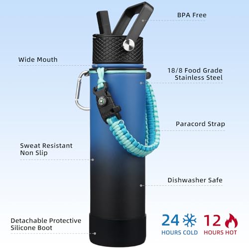 BJPKPK 27oz Insulated Water Bottles with 3 Lids, Paracord Handle & Non-slip Boot,Stainless Steel Water Bottle with Straw, BPA Free Leak Proof Thermal Flasks,Tumblers,Blue Black - color: Blue/Black, size: 27 Ounces