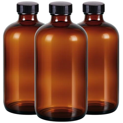 3 Pack,16 OZ Amber Glass Bottles Boston Round Sample Refillable Bottles with Black Caps, Perfect Glass Containers for kombucha, Secondary Fermentation,Storing condiment,Homemade Essential Oils - color: Amber