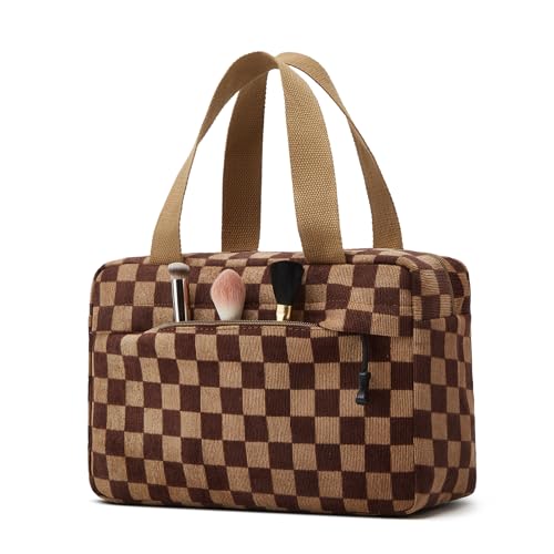 Large Makeup Bag for Women Corduroy Cosmetic bag Make up Bags Zipper Pouch with handle Cosmetic Organizer Toiletry Bag for Travel Storage - color: 19-Checkered Darkbrown