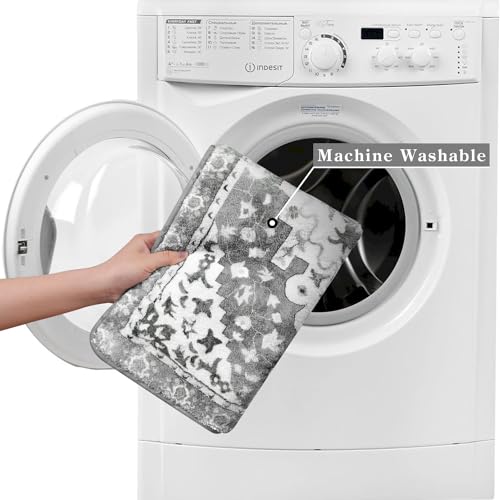 Uphome Boho Retro Bathroom Rug Gray Non-Slip Soft Bath Rug Machine Washable Oriental Bathroom Mat Traditional Farmhouse Floral Floor Mats for Bathtub Shower Toilet, 20x31 inch - color: Grey, size: 20x31 inch