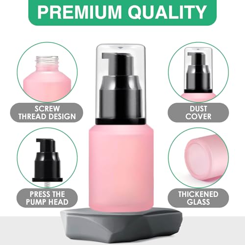 3PCS 30ML/1OZ Empty Pink Frosted Glass Bottles with Pump Refillable Vial Cosmetic Dispenser Jars Storage Travel Lotion Container Portable Sample Bottle for Toiletries,Foundation,Cream,Gel,Lotion - color: Pink, size: 1 Ounce